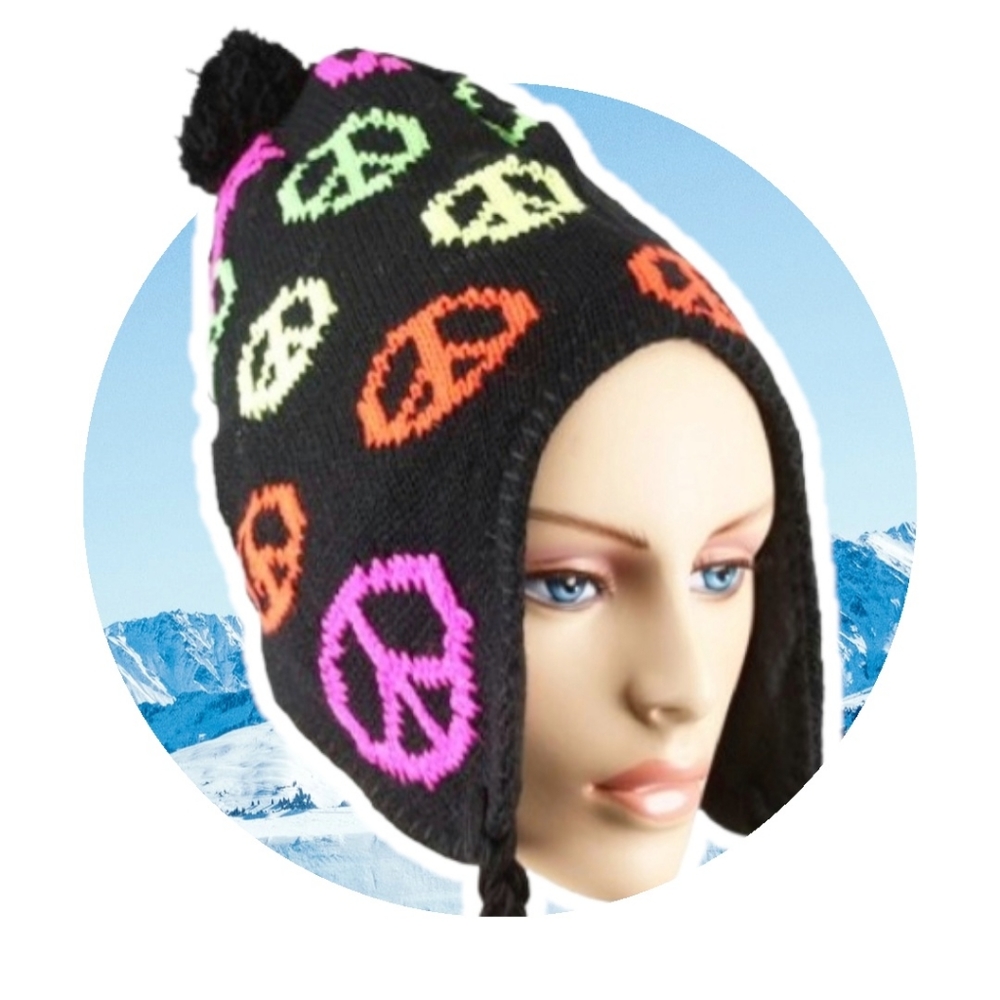 GROOVY GLAM Black Peace Sign Knit Ski Cap Chullo Hat